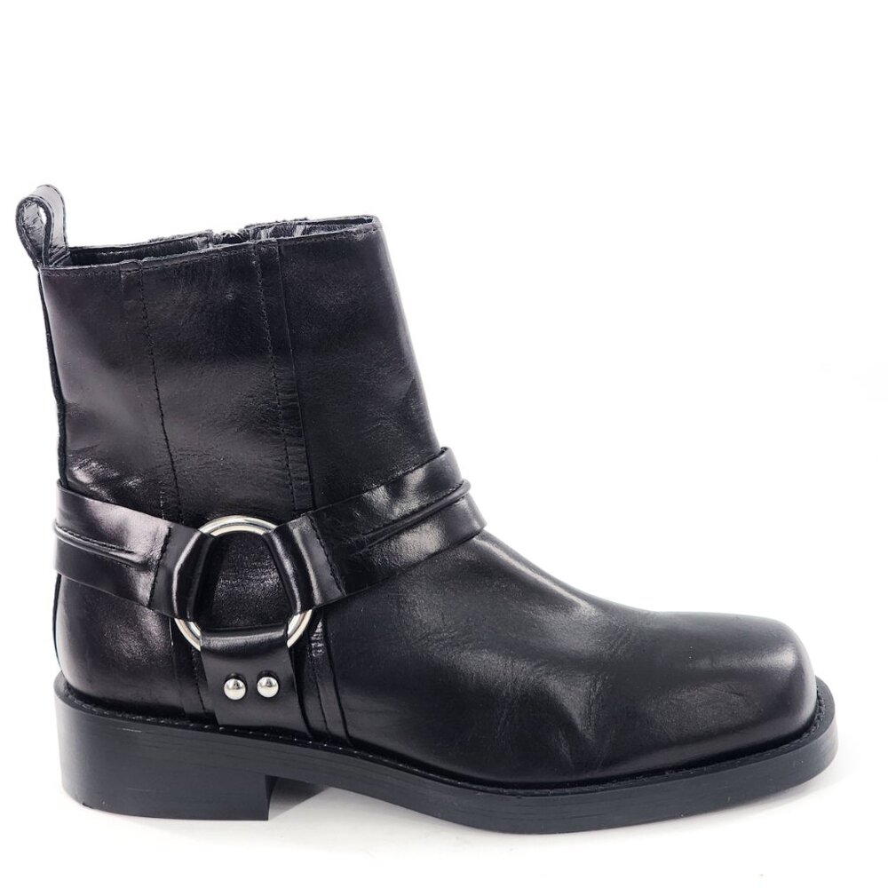 ZARA Square Toe Leather Chelsea Ankle Boots Black Zip